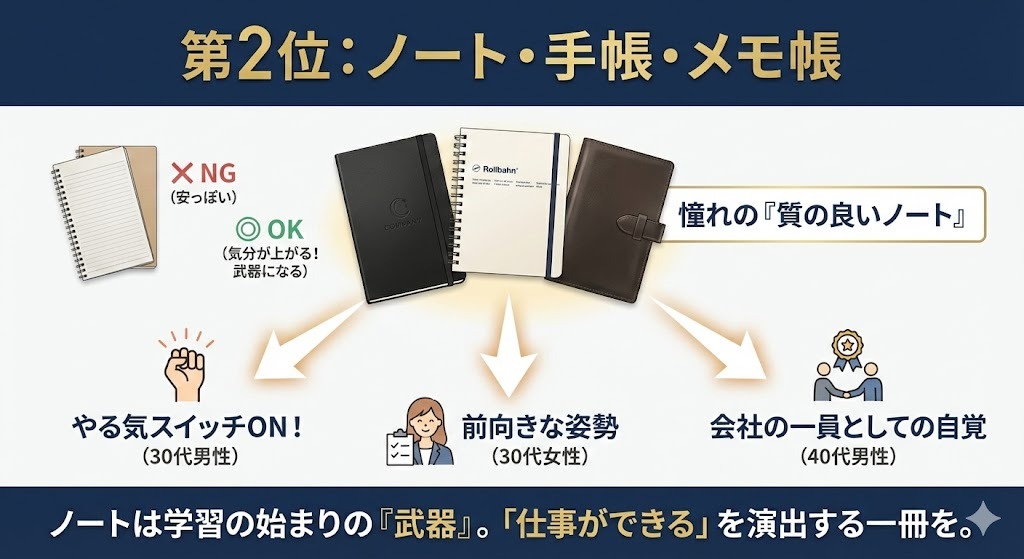 【独自調査】新入社員が「本当に欲しい」ウェルカムキットの中身は？：第2位：ノート・手帳・メモ帳