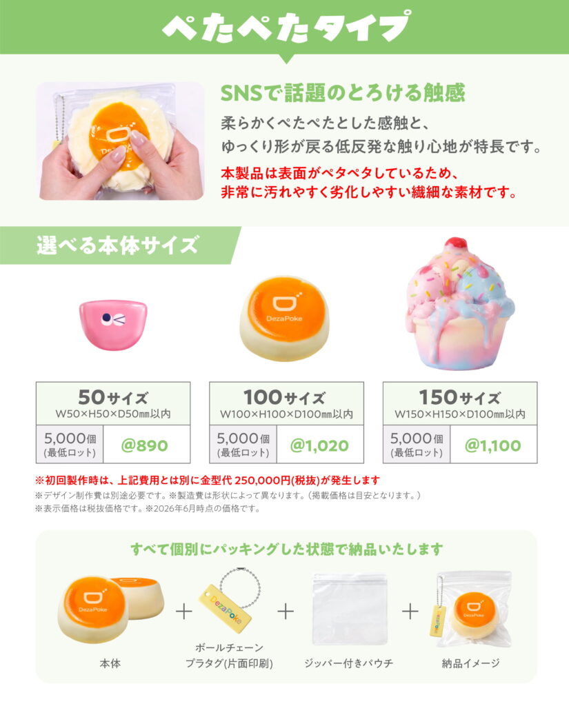 デザポケオリジナルスクイーズ：ぺたぺたタイプの仕様：サイズ・ロット・概算費用