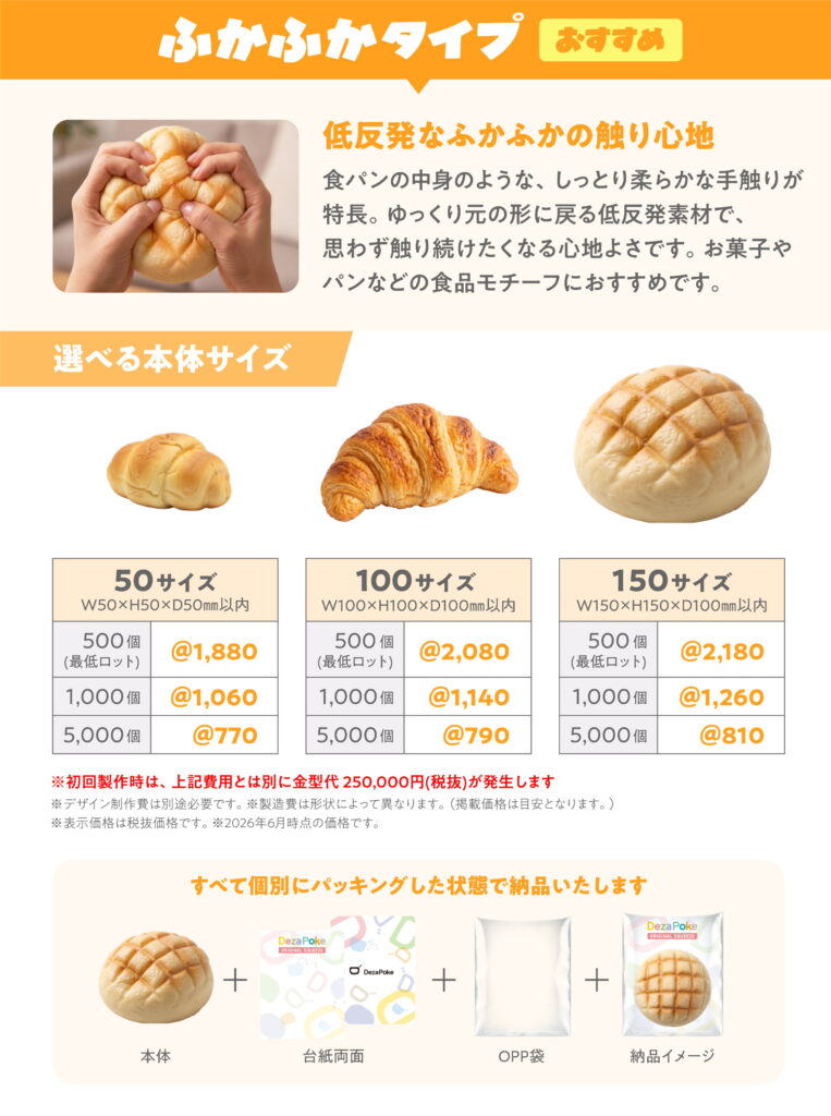 デザポケオリジナルスクイーズ：ふかふかタイプの仕様：サイズ・ロット・概算費用