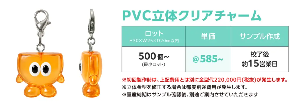 オリジナルPVC立体クリアチャーム 最小ロット・概算単価・目安の納期