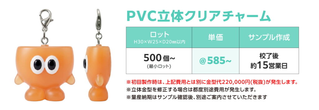 オリジナルPVC立体クリアチャーム 最小ロット・概算単価・目安の納期